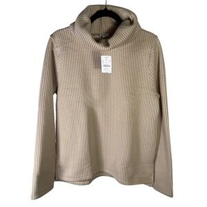 NWT J.Crew Womens Houndstooth Cowl Neck Fleece Lined Knit Top Tan White H1549 L